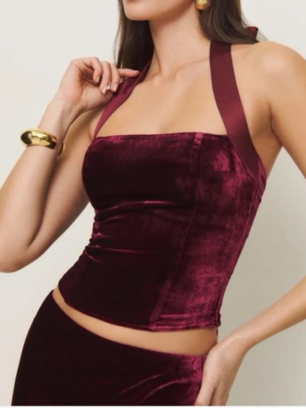 Reformation Burgundy Velvet Halter Crop Top